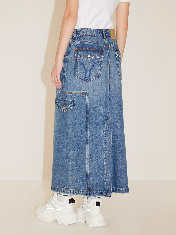Vintage Cargo Style Slit Denim Skirt