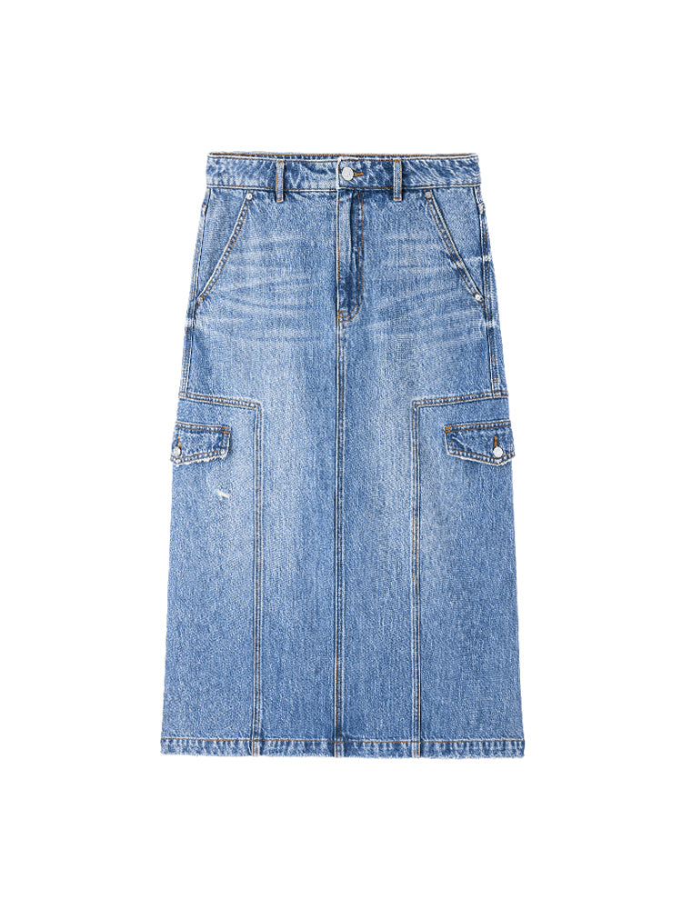 Vintage Cargo Style Slit Denim Skirt