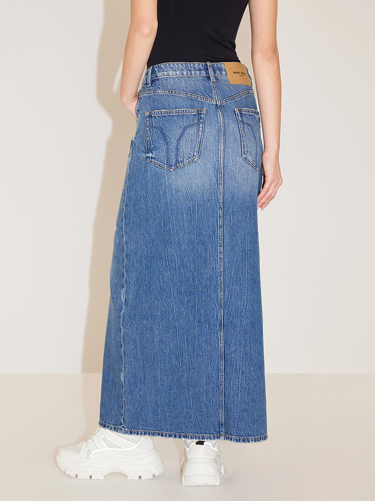 Vintage Denim Slit Maxi Skirt