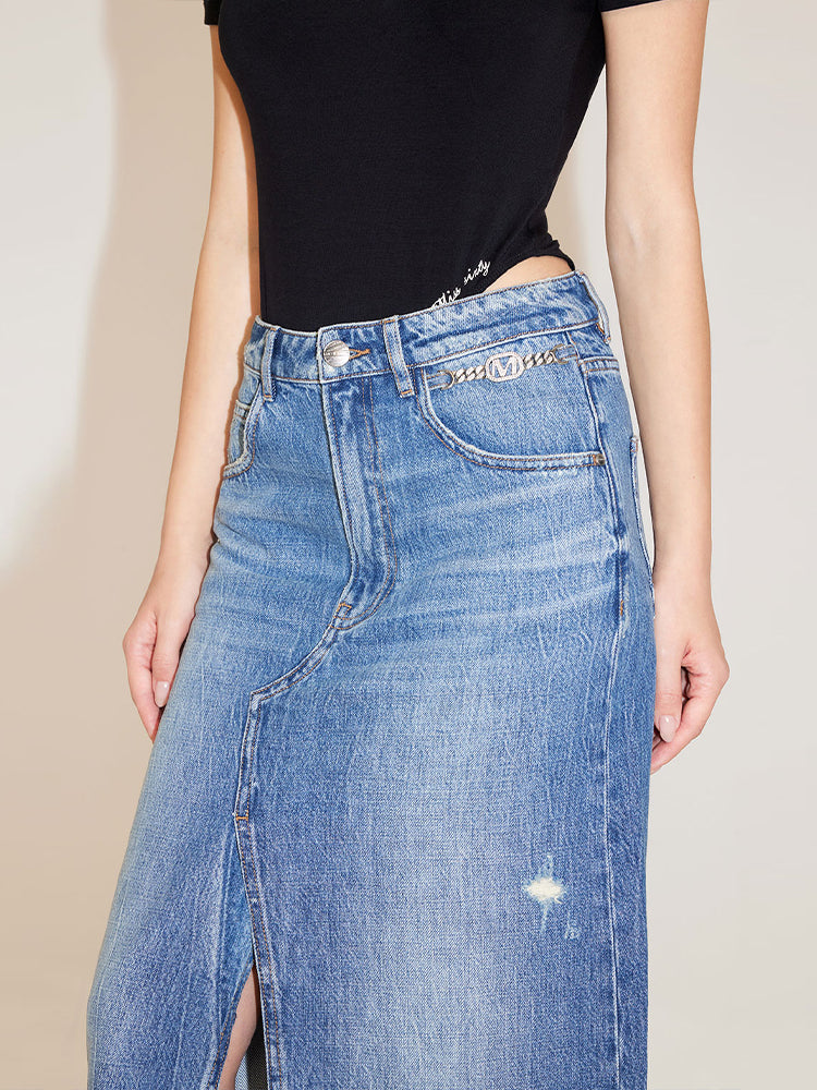 Vintage Denim Slit Maxi Skirt