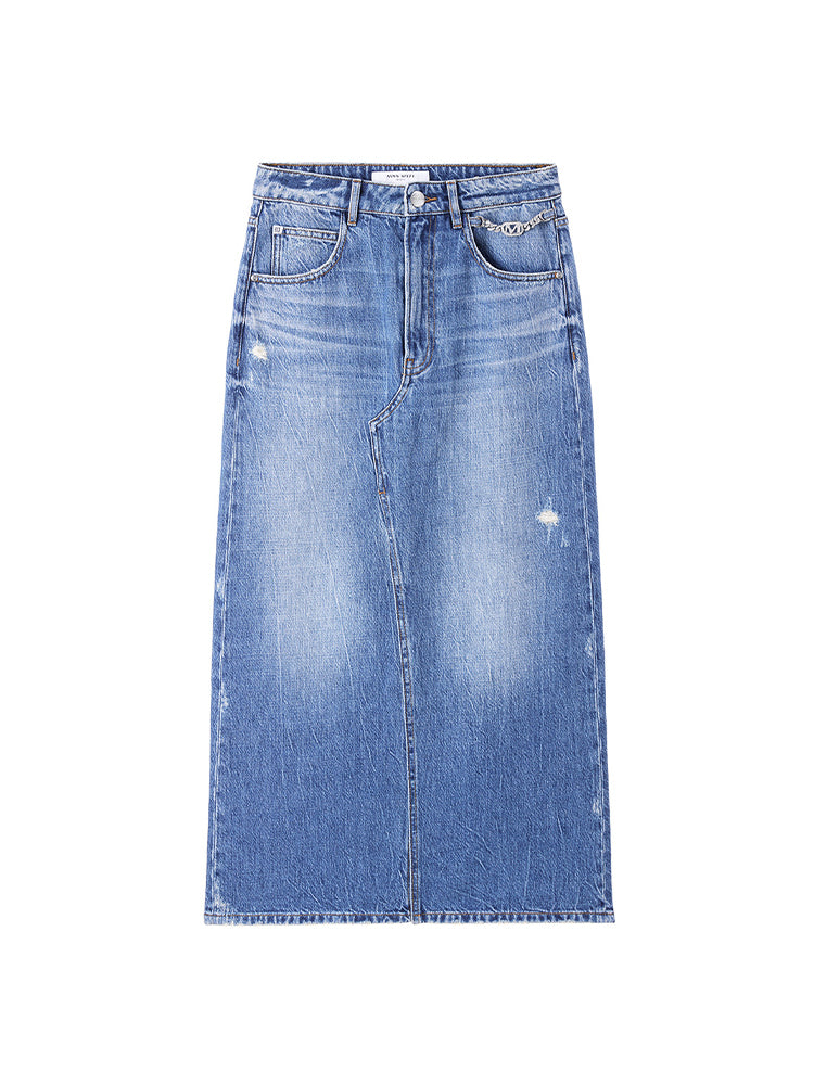 Vintage Denim Slit Maxi Skirt