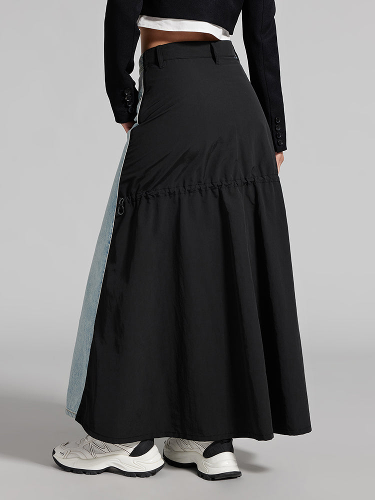Front Slit Patchwork Denim Long Skirt