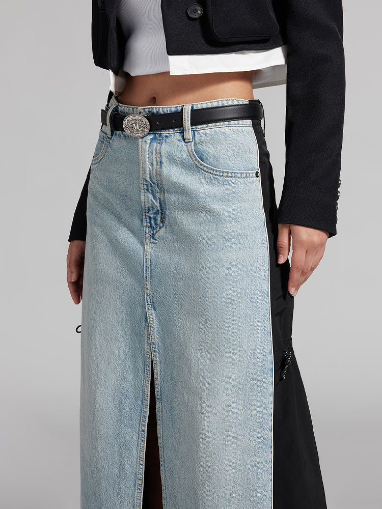 Front Slit Patchwork Denim Long Skirt