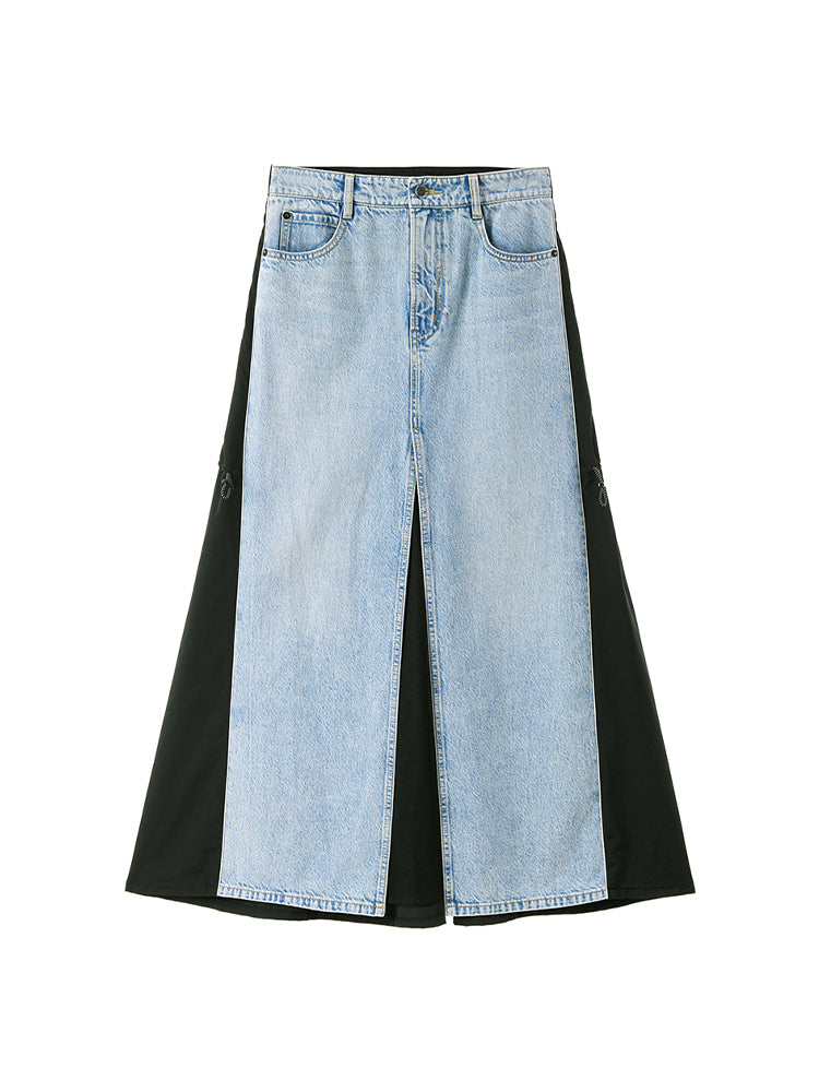 Front Slit Patchwork Denim Long Skirt