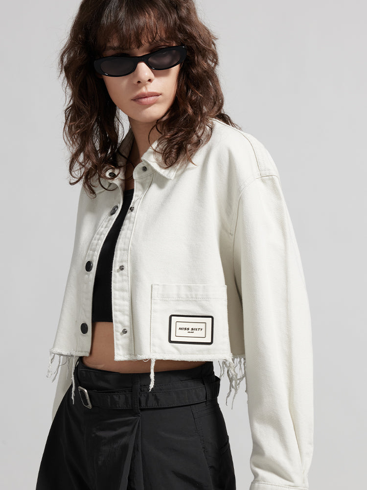 Cropped Lapel White Denim Shirt