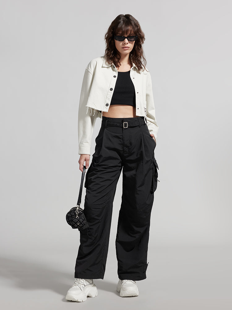Cropped Lapel White Denim Shirt