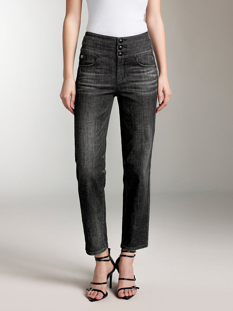 closed pedal position schwarz High Waisted Straight Fit Jeans