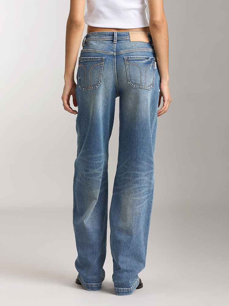 Vintage Denim Blue Washed Straight Fit Jeans