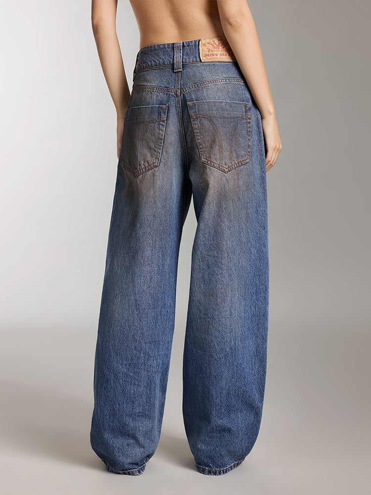 Vintage Washed Distressed Wide-Leg Jeans