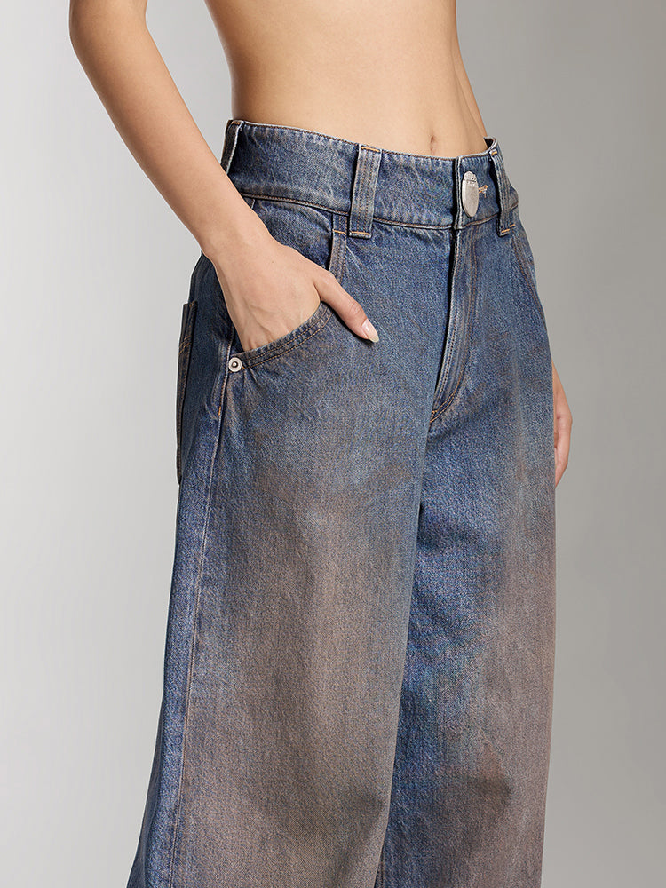 Vintage Washed Distressed Wide-Leg Jeans
