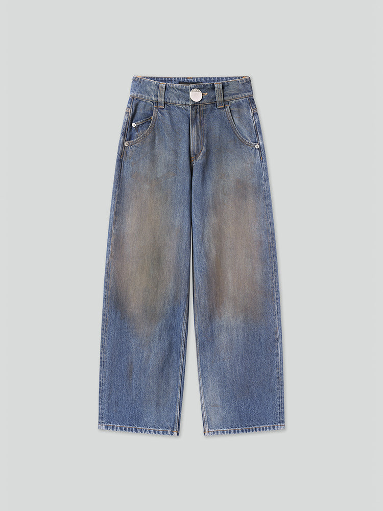 Vintage Washed Distressed Wide-Leg Jeans