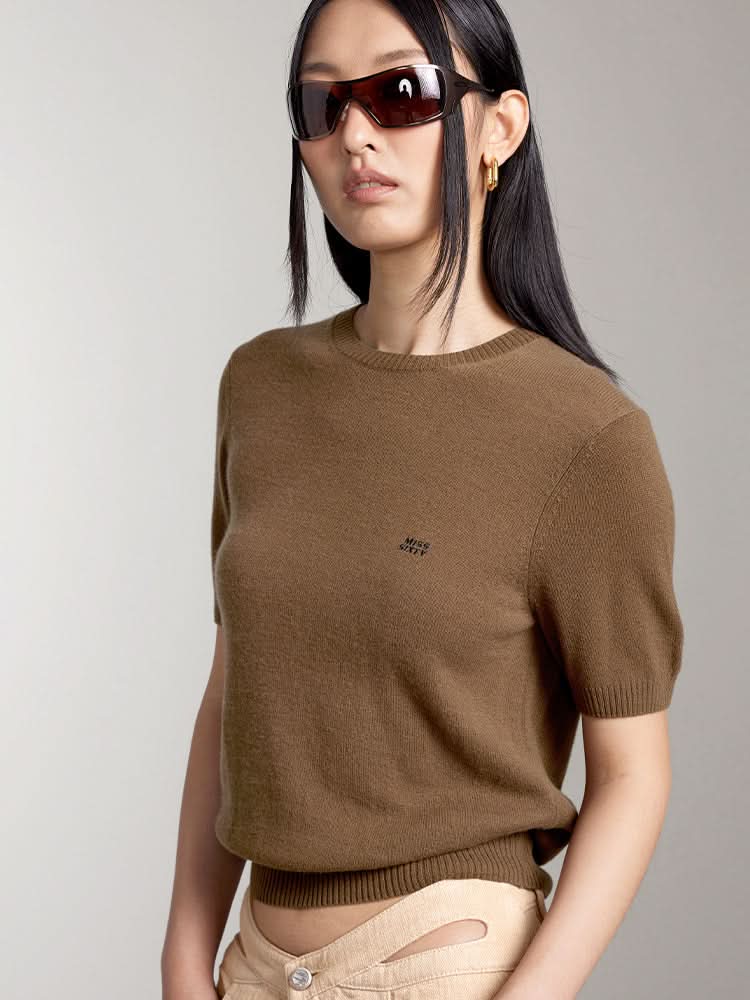 Crew Neck Short Sleeves Cashmere Top
