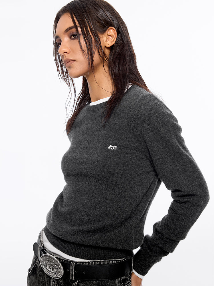 Round Neck Cashmere Sweater With Embroidered