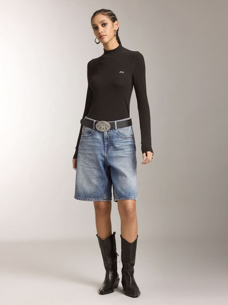 Mock Turtleneck Printed Long Sleeves T-Shirt