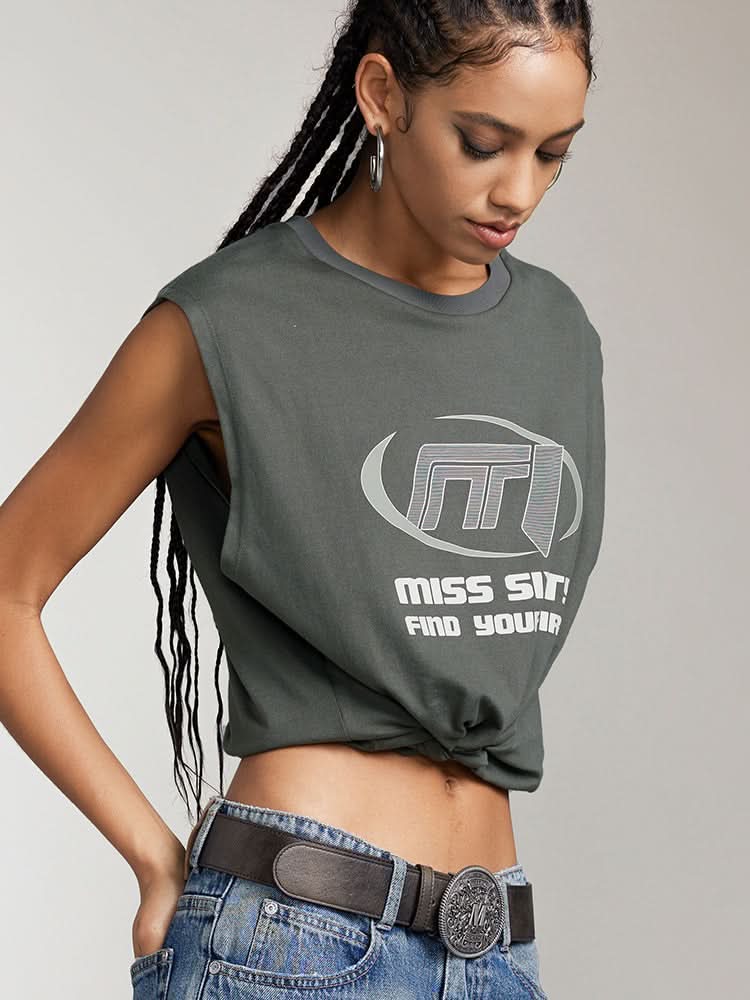 Printed Crew Neck Sleeveless T-Shirt