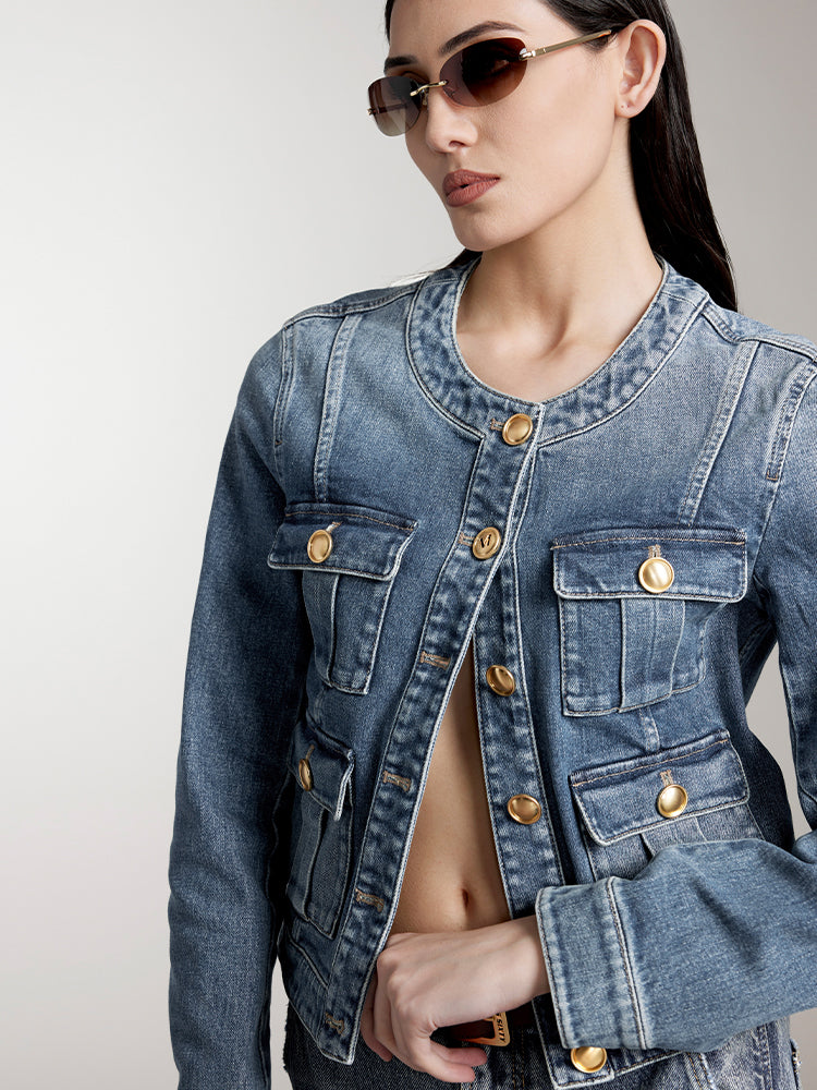 Crew Neck Cropped Cargo Denim Jacket