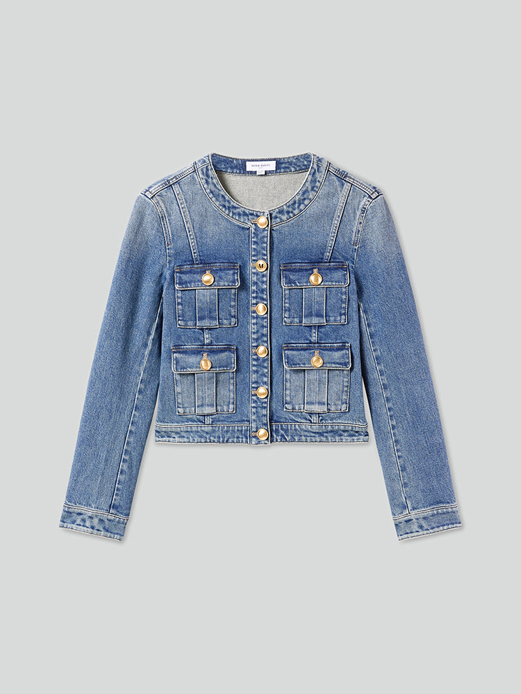 Crew Neck Cropped Cargo Denim Jacket