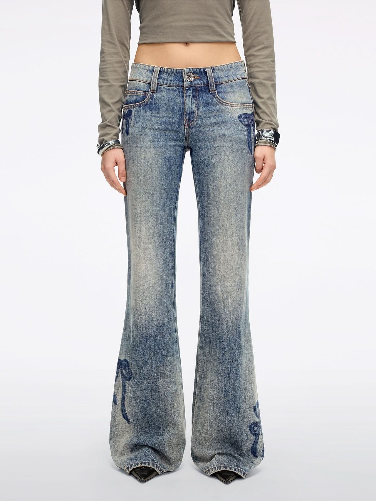 Rhinestone-Embellished Flared Jeans