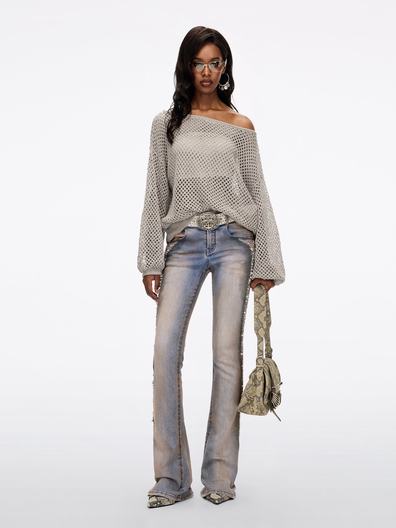 Pearl Rhinestone Flared Jeans