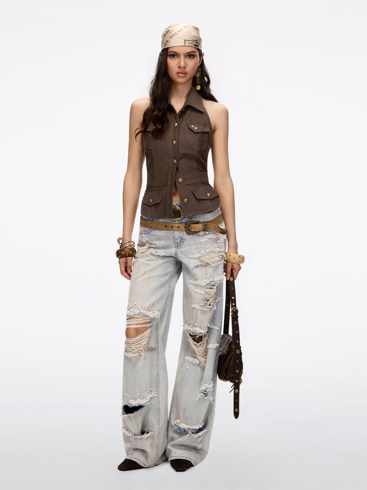 Distressed Pearl-Embellished Wide-Leg Jeans