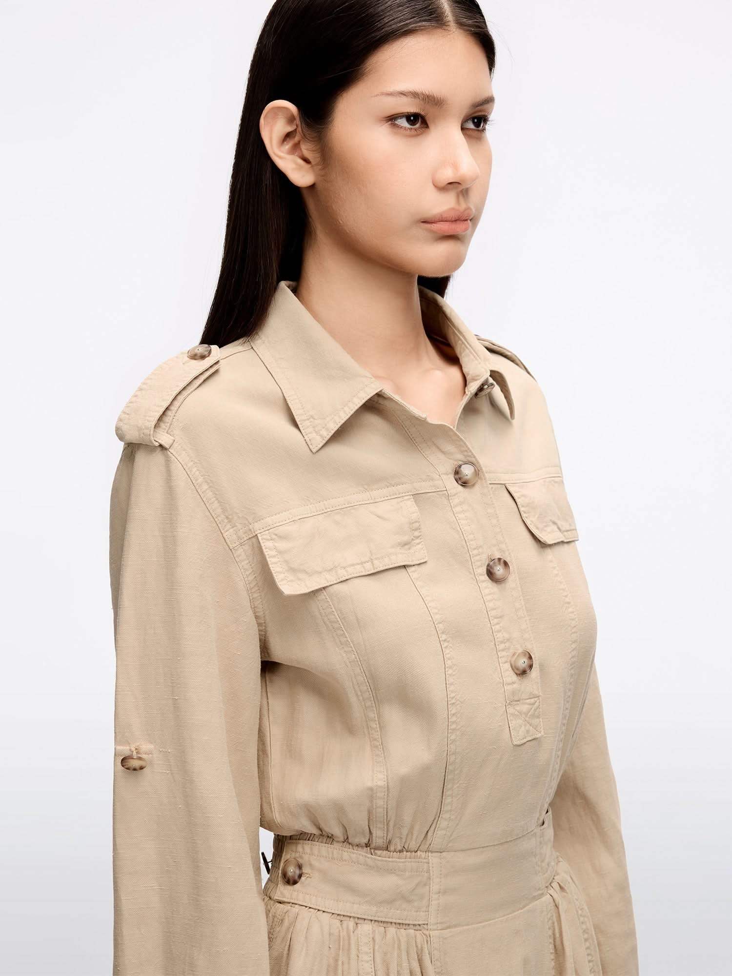 khaki denim shirt dress ASOS DESIGN denim shirt dress with cinch back detail in khaki green