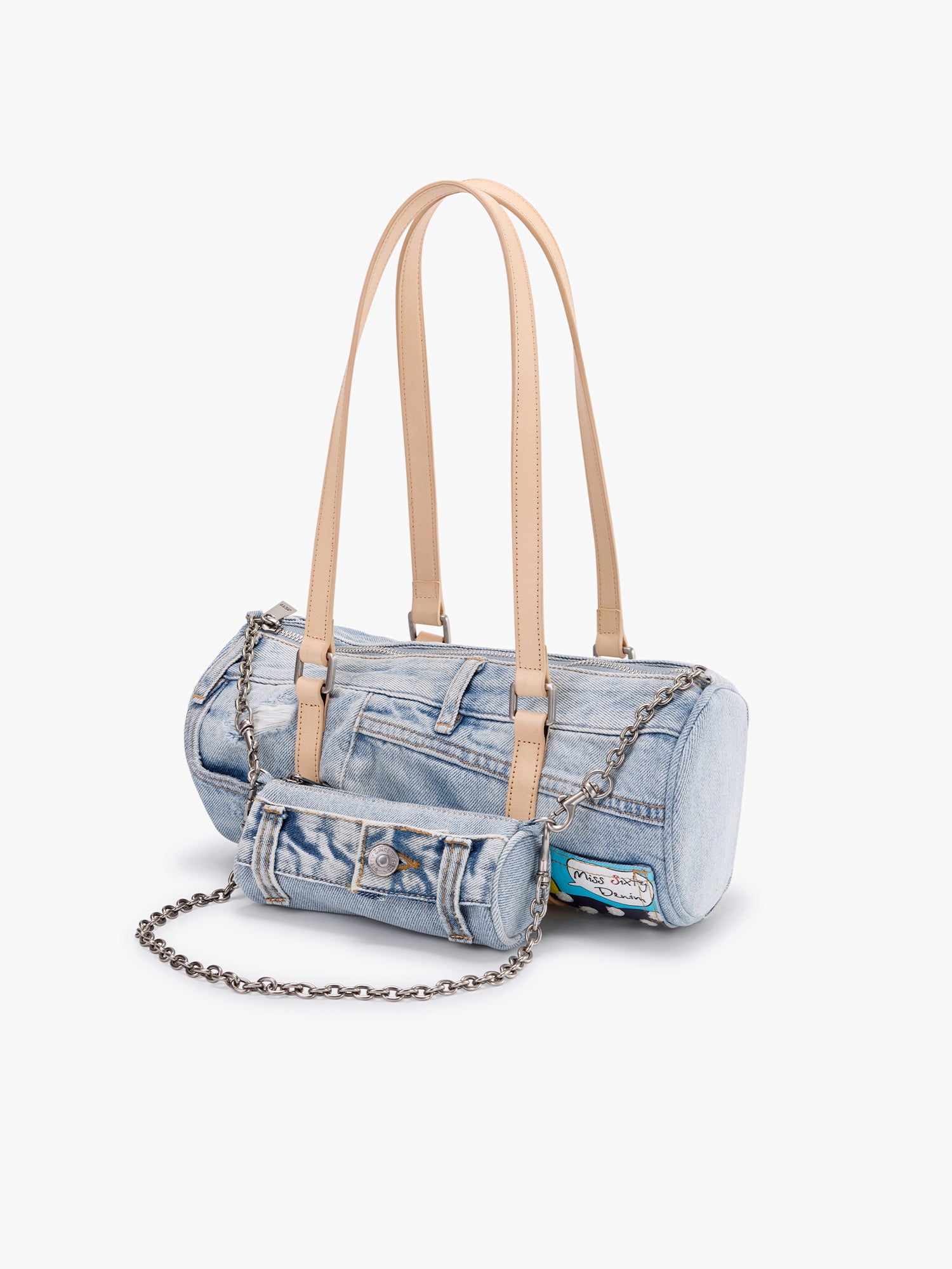 Denim Barrel Bag with Mini Pouch