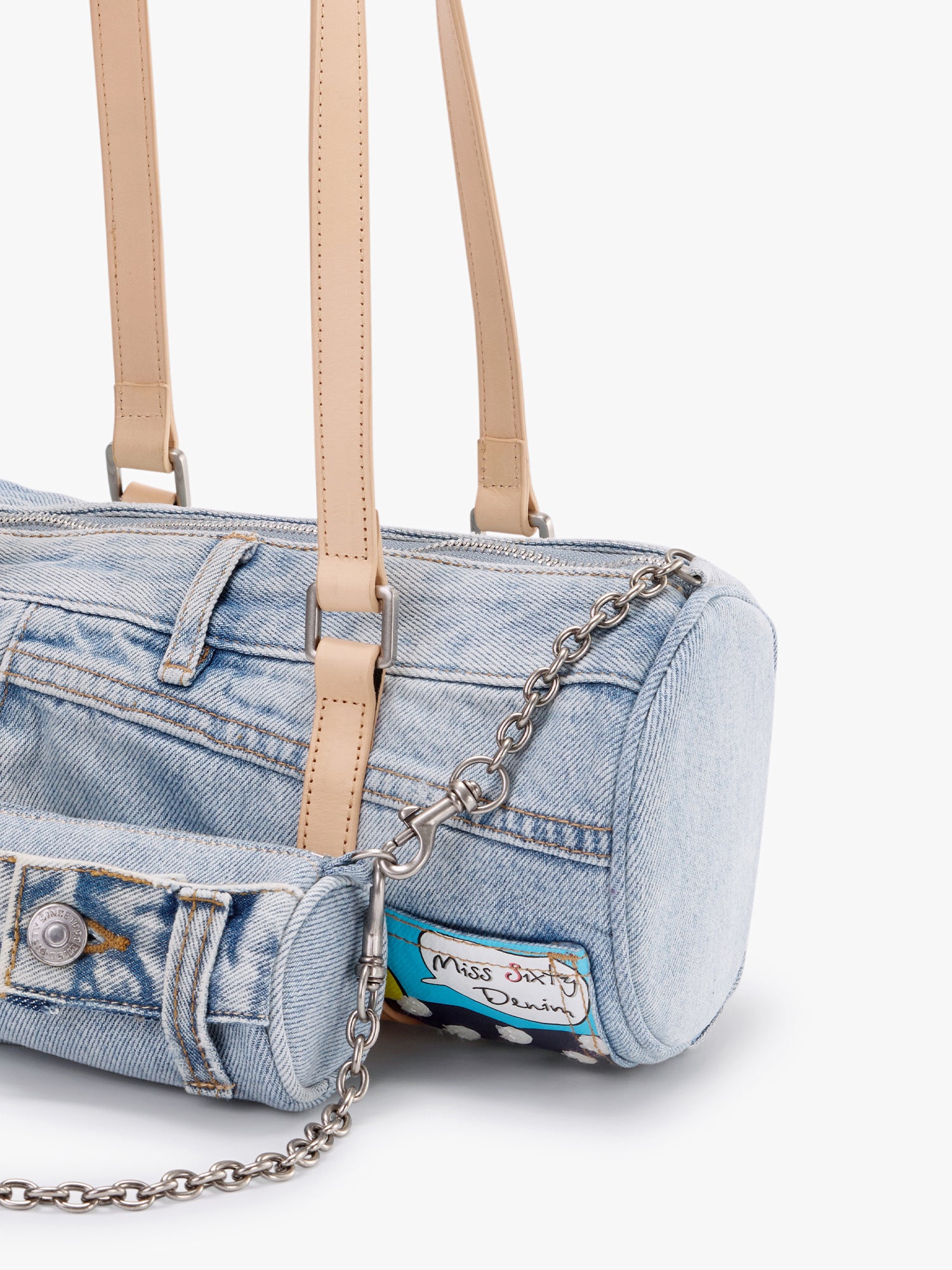 Denim Barrel Bag with Mini Pouch