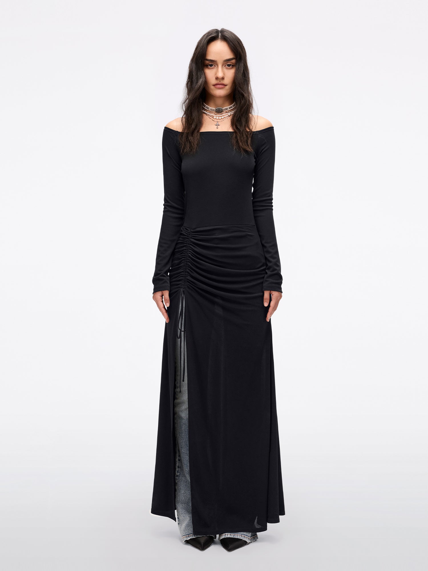 black off the shoulder casual dress Women's off-shoulder long sleeve dress techno crepe composition that shapes a sweetheart neckline (with hidden no Black Off Shoulder Midi Dress