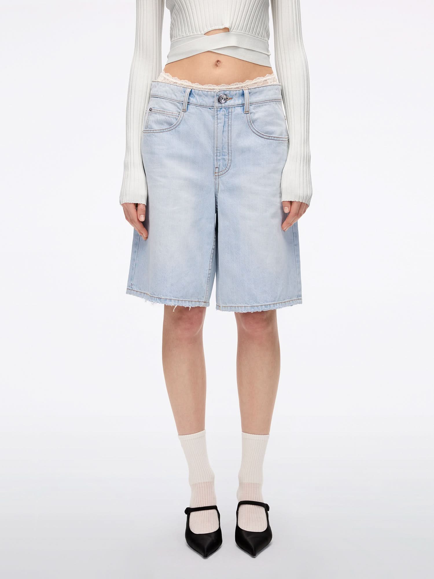 Patchwork Waist Denim Shorts