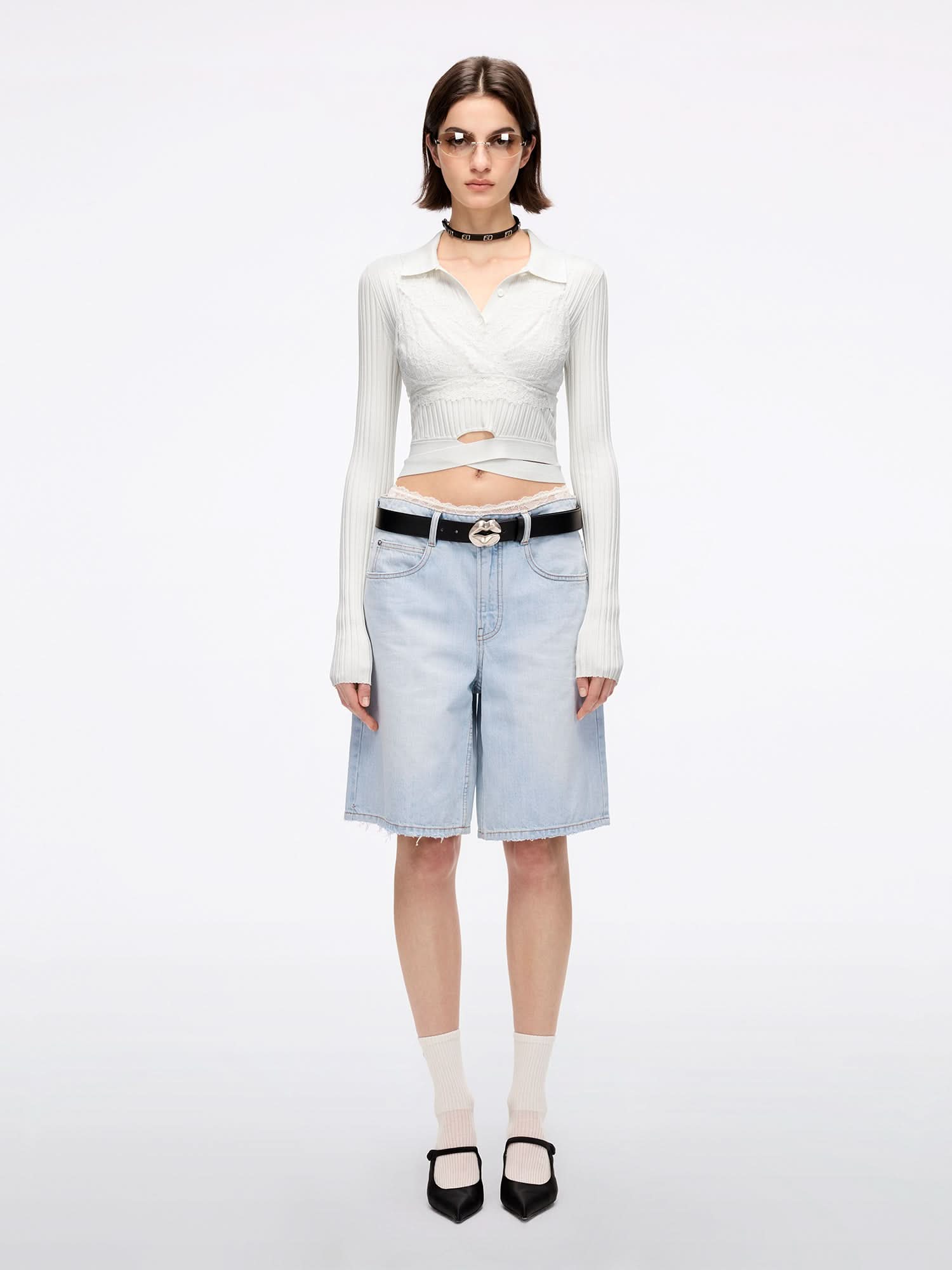 Patchwork Waist Denim Shorts