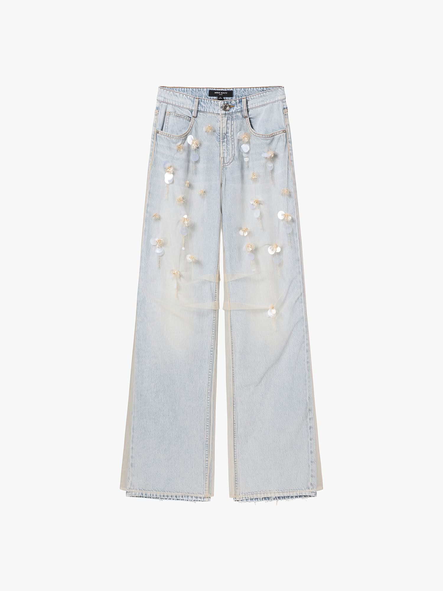 Mesh Panel Straight-Leg Jeans