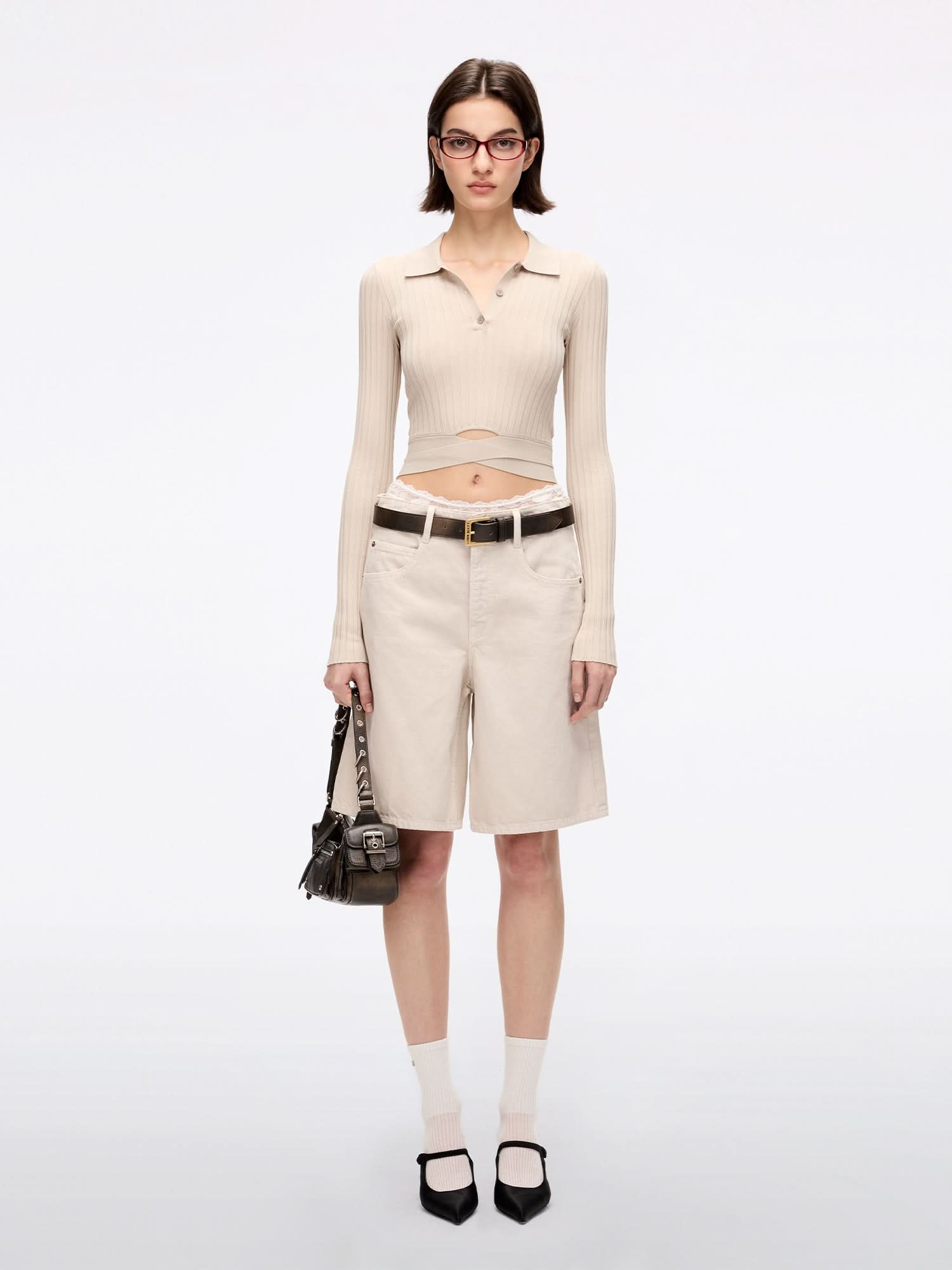 Patchwork Waist Denim Shorts