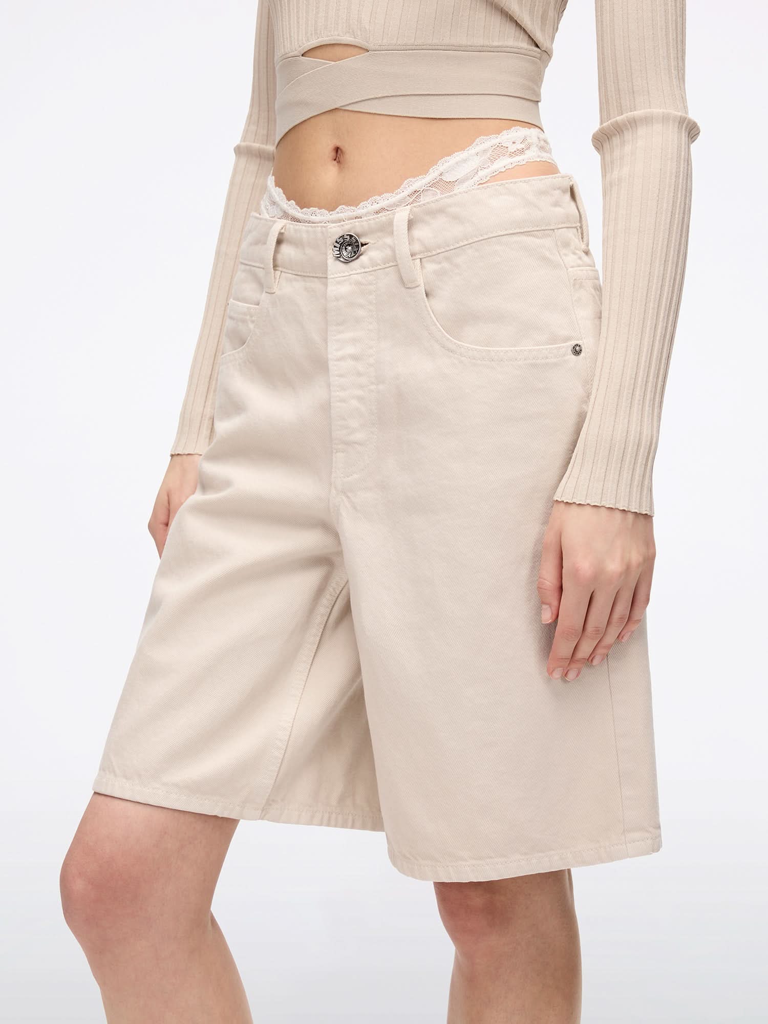 Patchwork Waist Denim Shorts