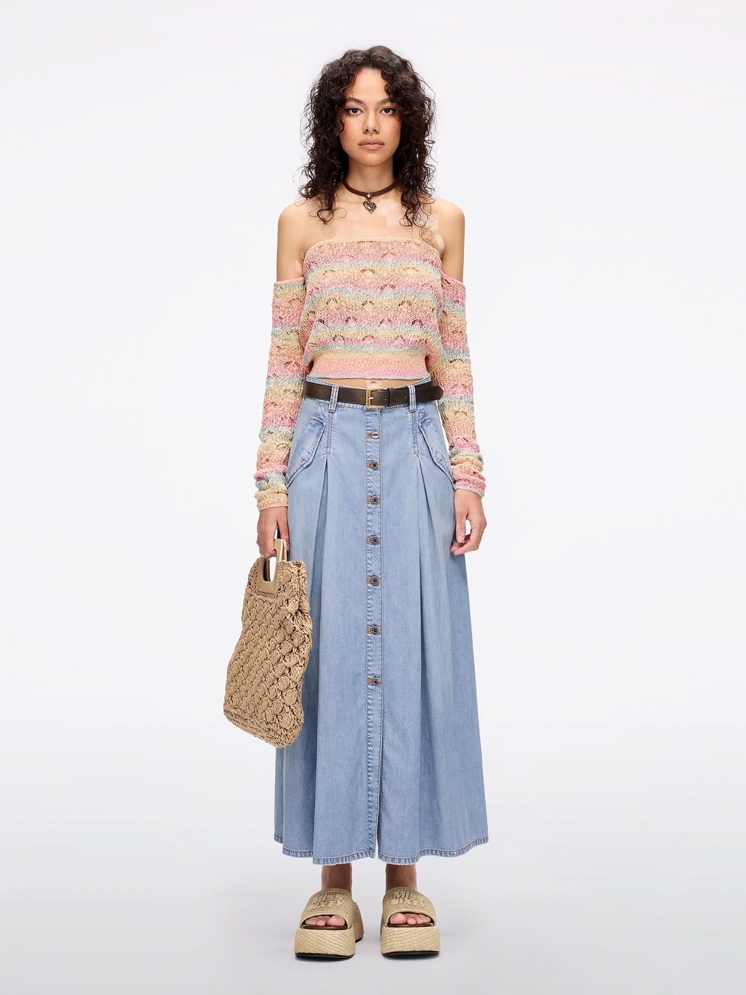 Pleated Denim Skirt