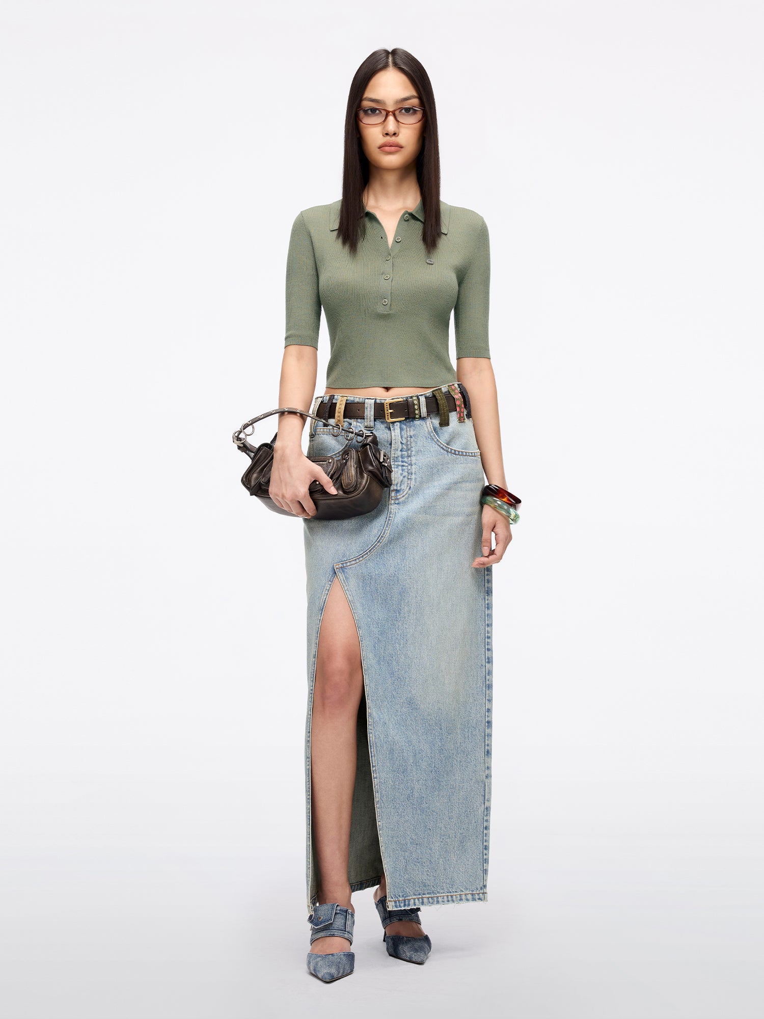 Belt Loop Denim Midi Skirt