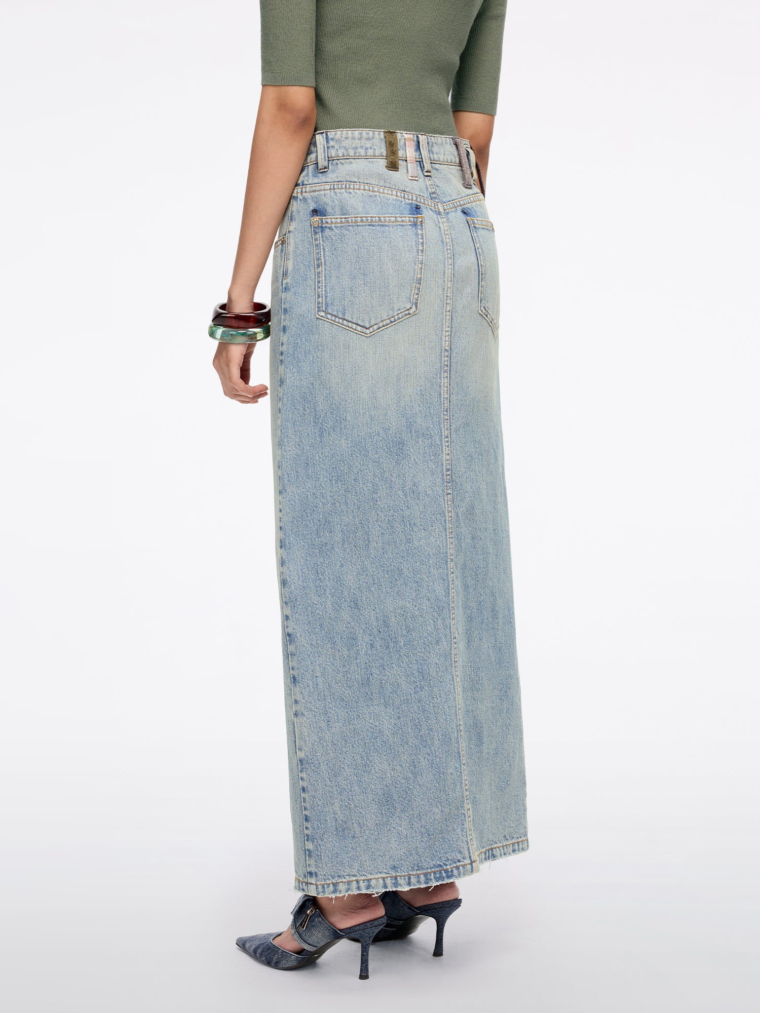 Belt Loop Denim Midi Skirt