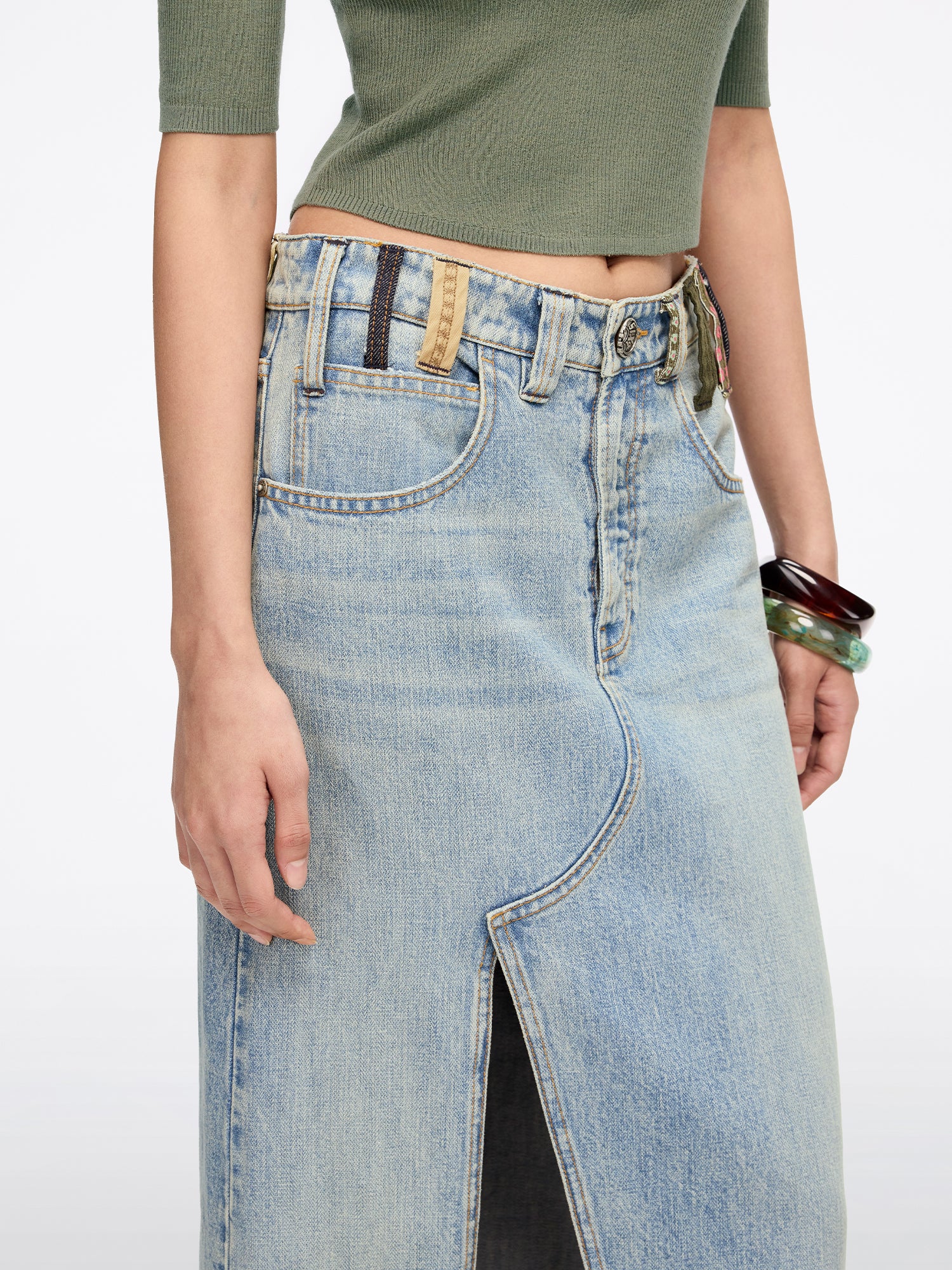 Belt Loop Denim Midi Skirt