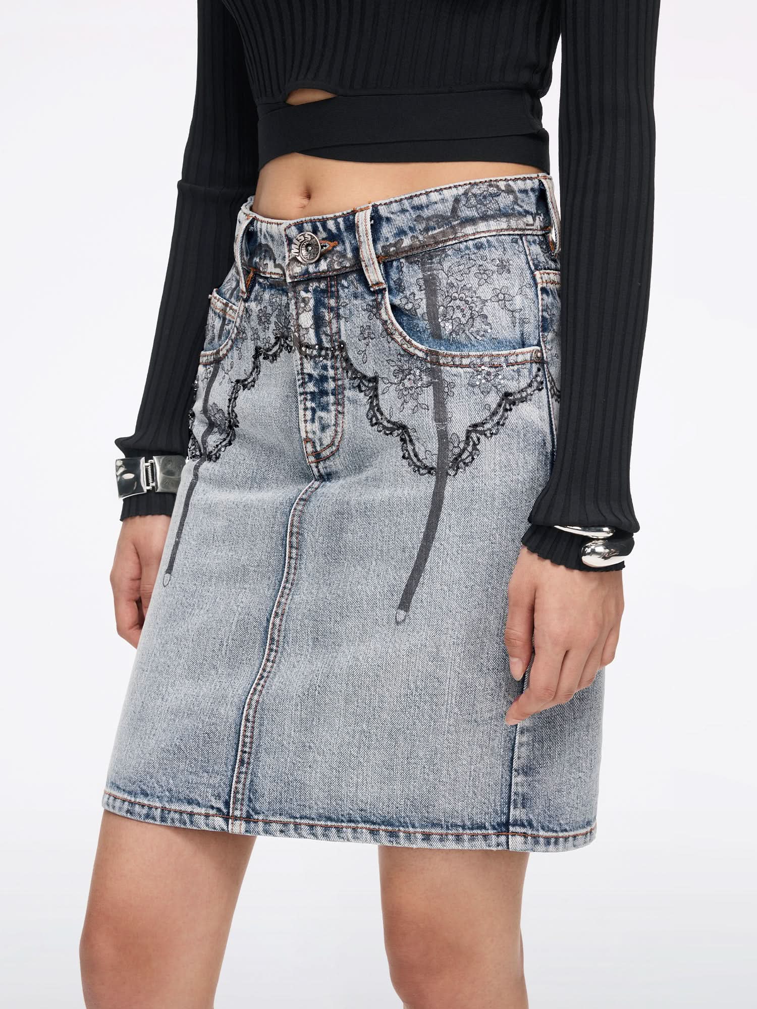 Printed Denim Mini Skirt
