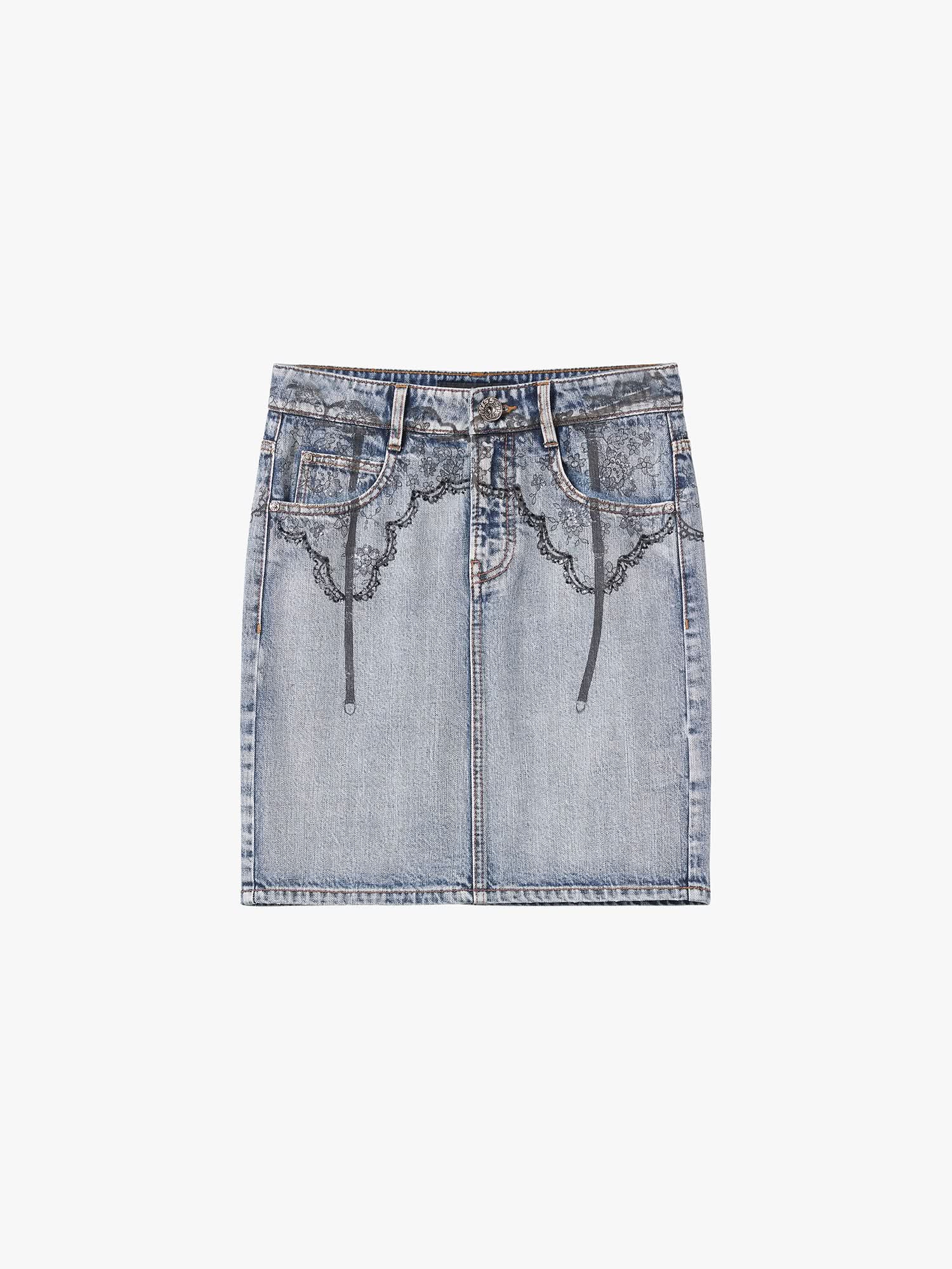 Printed Denim Mini Skirt