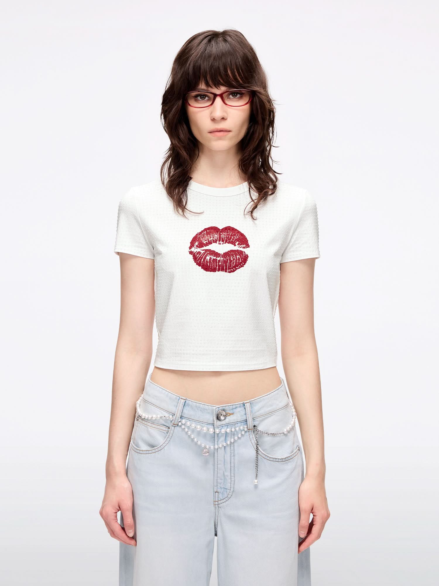 Rhinestone-Embellished Lip Print T-Shirt