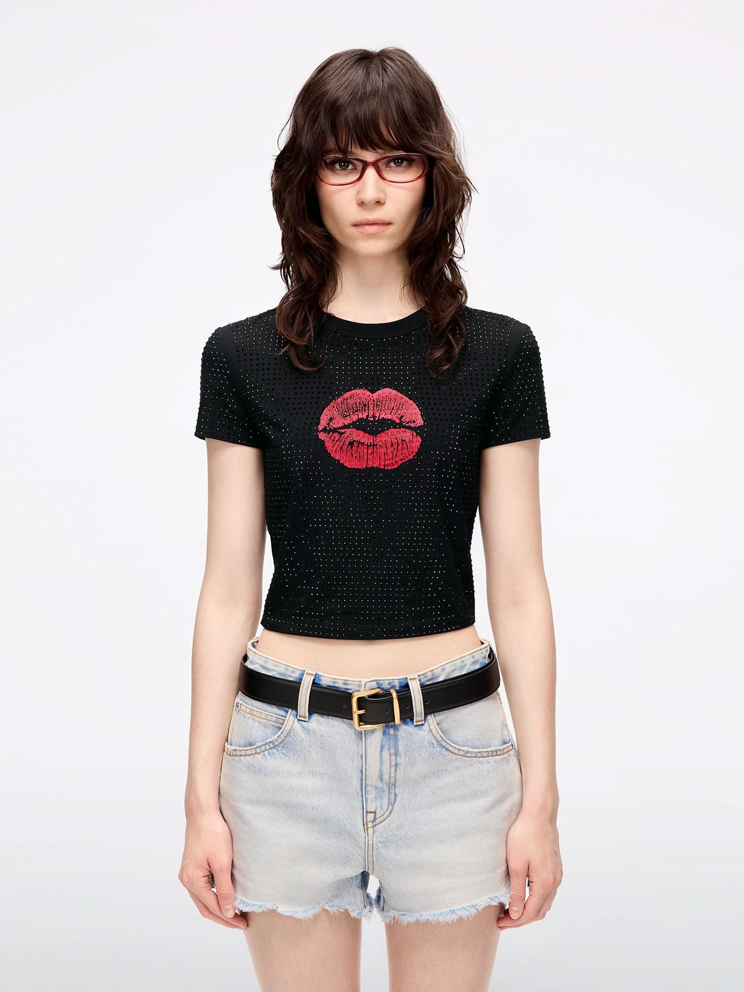 Rhinestone-Embellished Lip Print T-Shirt