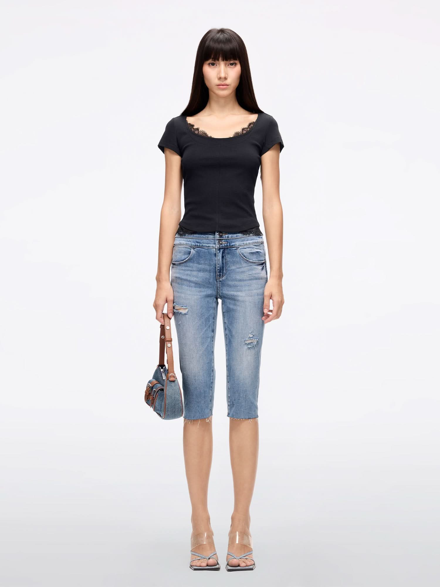 Lace Panel Cropped T-Shirt