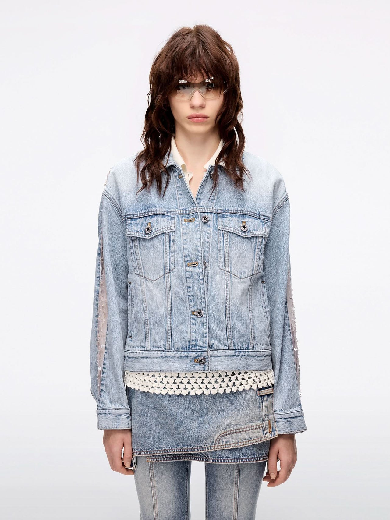 Mesh and Beaded Denim Jacket
