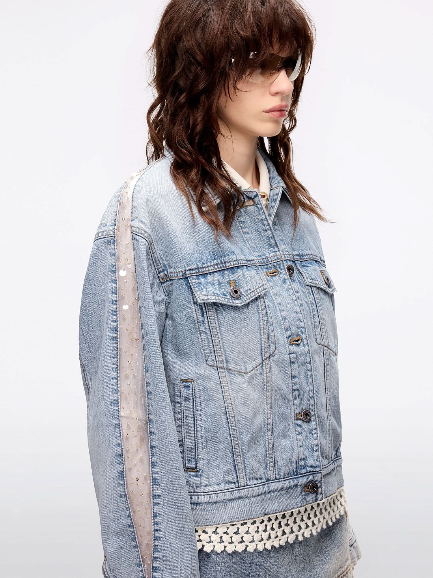 Mesh and Beaded Denim Jacket