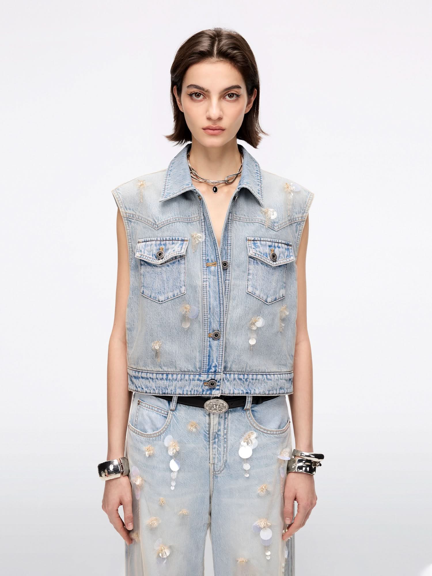 Mesh and Beaded Denim Vest