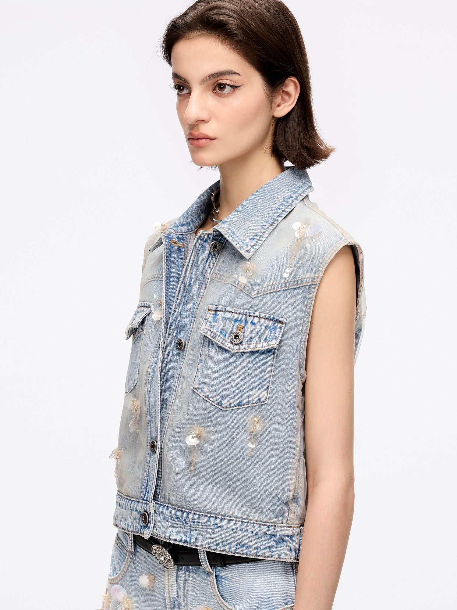 Mesh and Beaded Denim Vest