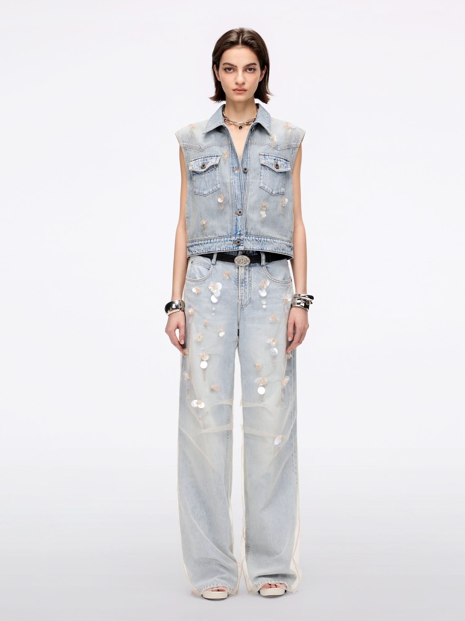 Mesh and Beaded Denim Vest
