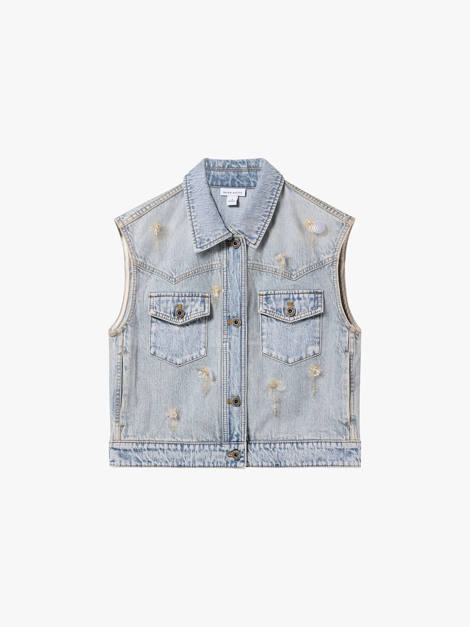 Mesh and Beaded Denim Vest