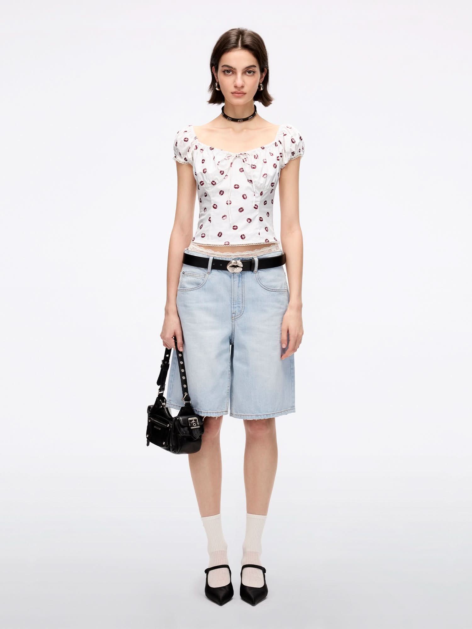 Lip Print Cropped Shirt