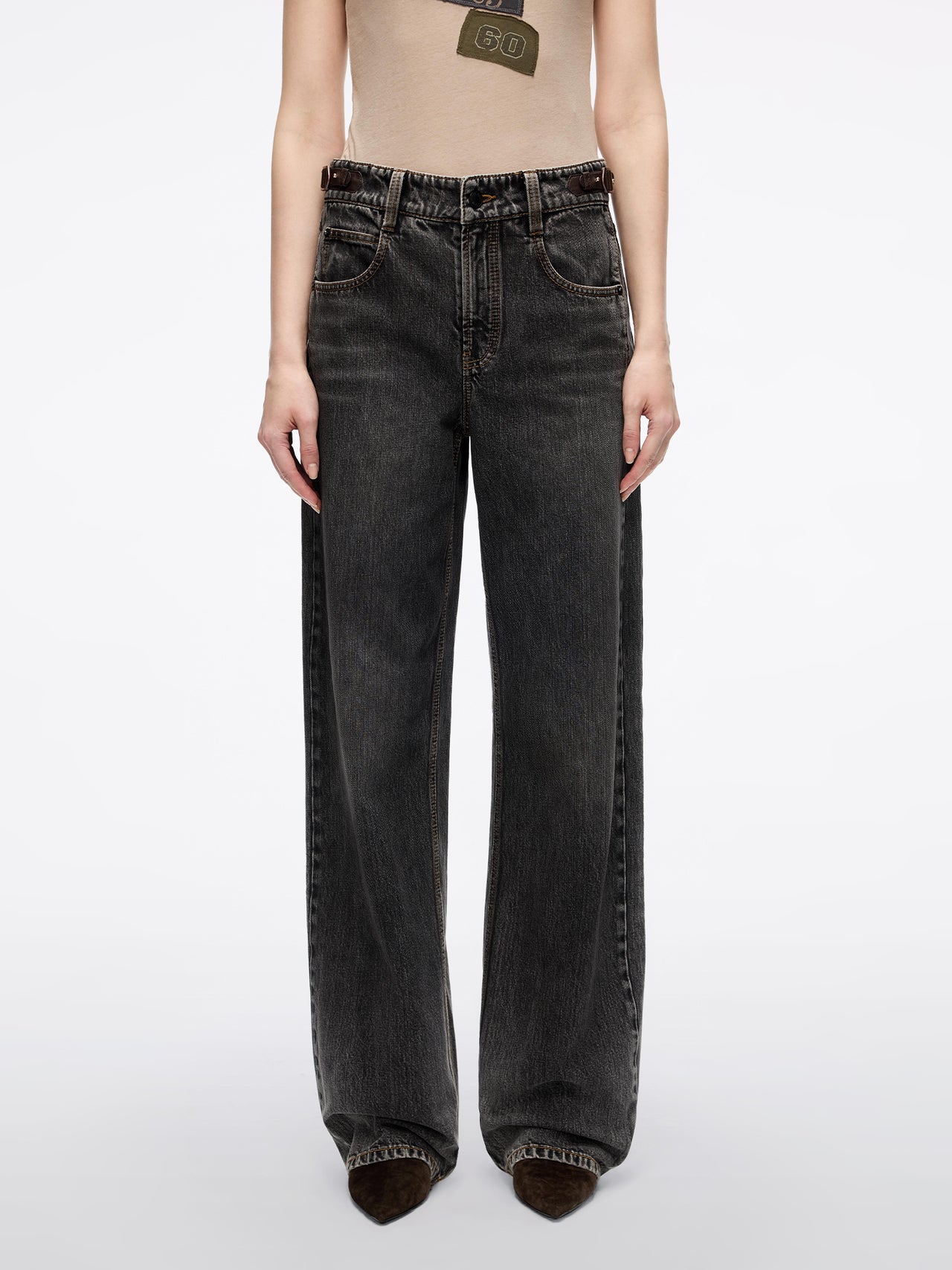 Leather-Panel Loose-Fit Denim Jeans